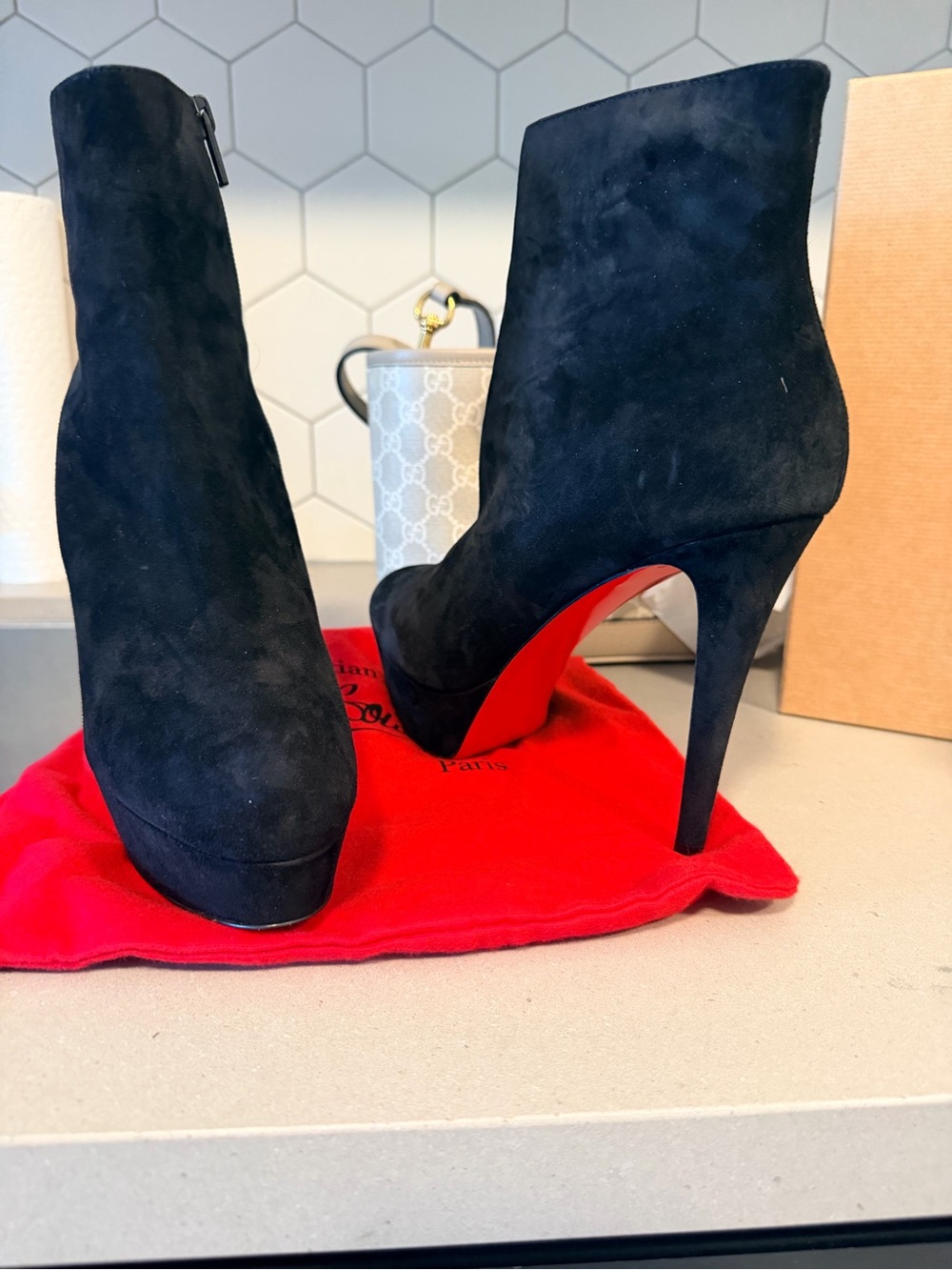 Christian Louboutin Black Suede Platform Ankle Boots with Red Sole